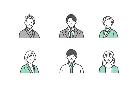 シンプルな線画で描かれた、幅広い世代のビジネスパーソンアイコンセット