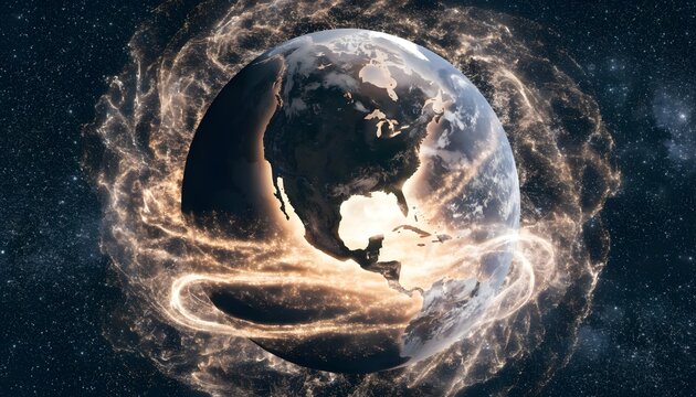 Planet Earth encased in swirling cosmic energy during a galactic event