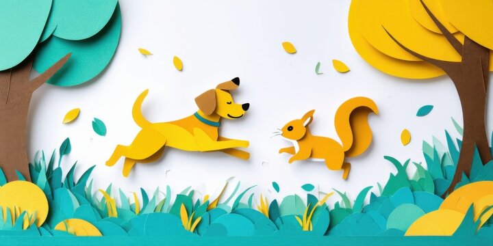 Papercraft scene depicts playful dog chasing squirrel. Autumn leaves fall amidst vibrant foliage, creating cheerful outdoor setting.