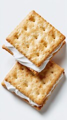 Fototapeta premium Square cracker sandwich with thick white cream filling on white