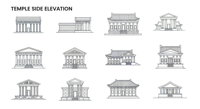 Ancient Temple Architecture Collection: Side Elevations of Classical Buildings