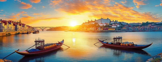Naklejka premium Two wooden boats laden with barrels on a calm river at golden sunset, colorful sky and reflections, historic hillside town with arched bridge, tranquil warm mood
