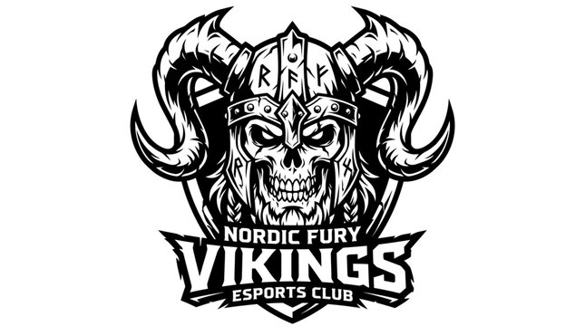Viking warrior skull wears horned helmet with Nordic fury esports club logo