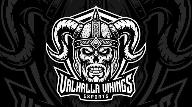 Viking skull wearing horned helmet illustration for Valhalla Vikings Esports