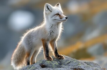 Fototapeta premium white arctic fox with golden eyes standing on a lichen-covered rock, alert and curious, backlit soft fur glowing against a serene blurred mountain background