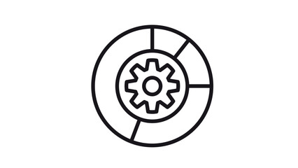 Fototapeta premium Black Vector Icon Illustration of a Gear Inside a Segmented Pie Chart Circle, Representing Data Processing, Business Analytics, Configuration Settings, and Workflow Optimization Management.