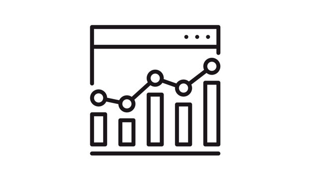 Minimalist black line vector icon illustration of a data dashboard with a bar chart and line graph in a browser window, symbolizing business analytics, financial growth, and statistical reports.