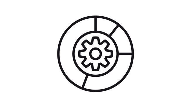 Black Vector Icon Illustration of a Gear Inside a Segmented Pie Chart Circle, Representing Data Processing, Business Analytics, Configuration Settings, and Workflow Optimization Management.