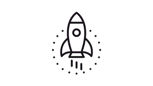 Black line vector icon of a rocket ship launching with exhaust trails and a dotted circular border. Minimalist space exploration and startup business symbol illustration for web and app design.