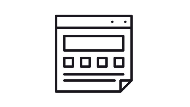Minimalist black line vector icon of a web browser window or webpage layout template, featuring content blocks, hero section, and a folded corner, ideal for UI/UX design and web development concepts