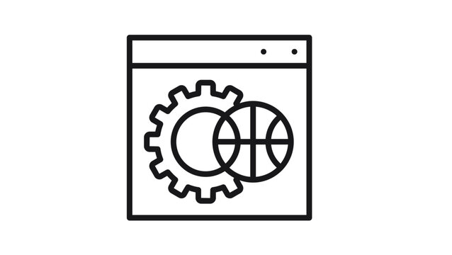 Web development and global configuration vector icon featuring a browser window with a gear and globe symbol, ideal for internet settings, network management, and website optimization graphics.