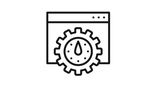 Website Page Speed Optimization and Performance Monitoring Vector Icon. Black Line Illustration of a Browser Window with a Gear and Speedometer Gauge for SEO and Web Development Concepts.