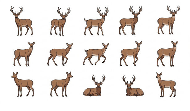 Northern deer vector set with male female animals and antler poses