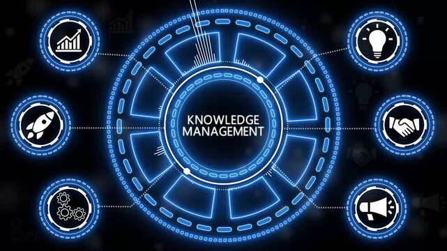 Neon blue infographic visualizing knowledge management concepts on a dark background.4k animation..