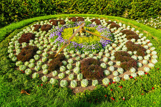 A clock in the garden with a colorfully planted flower bed.
