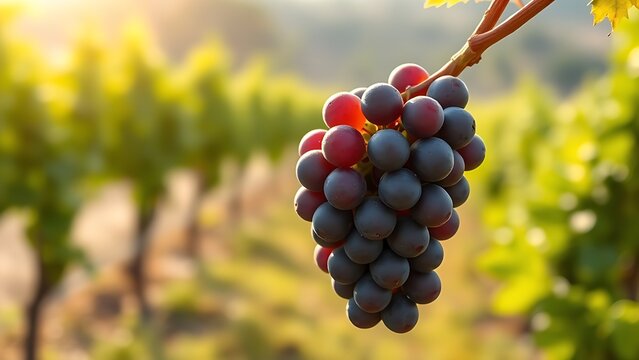 generality. A single cluster of Cabernet Sauvignon grapes glistening with dew in a vineyard under soft sunlight. gardening catalogs, home-decor guides, designed for home decor and floral branding.