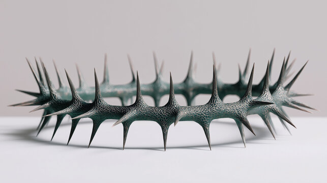 Abstract spiked ring structure with sharp metallic thorns in a minimal futuristic composition.