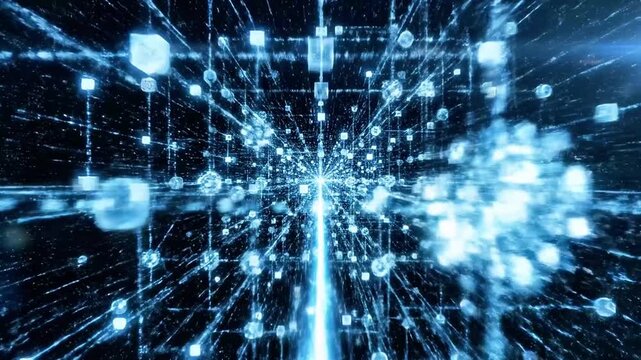 A futuristic digital network visualization with glowing blue nodes and connections on a dark background