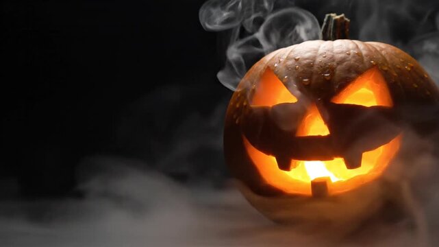 Lit jack o lantern carved halloween pumpkin dark background