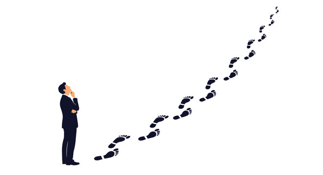 Pensive businessman standing at the bottom and looking up at a long trail of black footprints leading to the sky.
