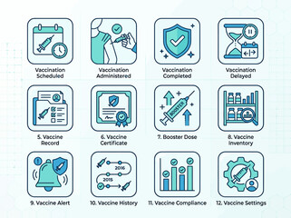 Fototapeta premium Detailed infographic of vaccination process icons including schedule, administration, completion, delay, record, certificate, booster dose, inventory, alert, history, compliance, and setting