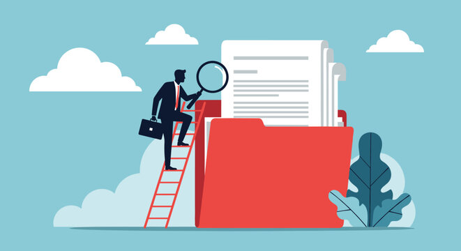 Businessman on a wooden ladder using a magnifying glass to inspect documents inside a giant red folder in the sky.