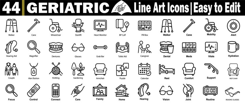 Geriatric healthcare line icons set. with medical equipment, geriatric mobility aids, home safety features, and wellness accessories for elderly patient support vector illustration.