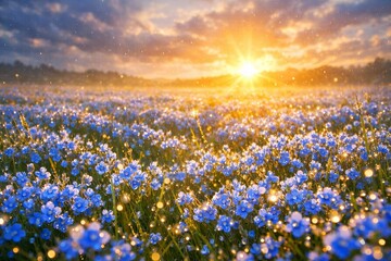 Naklejka premium Wide angle landscape of a wet meadow covered in blue Germander Speedwell. Low sun breaking through clouds, creating a sea of glowing azure and gold. Sparking raindrops on wildflowers