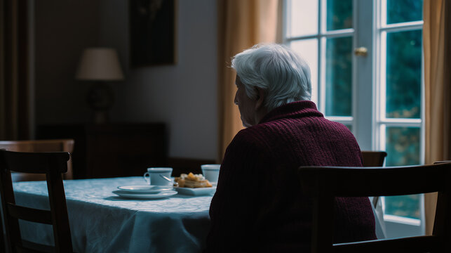 Senior person sitting alone at table in home interior representing loneliness and quiet daily life.