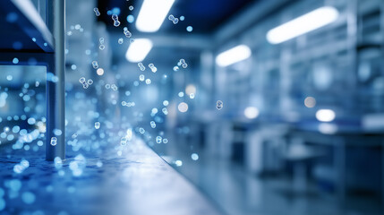 Fototapeta premium Blurred modern laboratory or office corridor with glass walls and cool blue lighting.