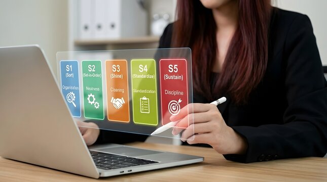 Woman in a black suit using a laptop with a digital sustainability infographic on the screen