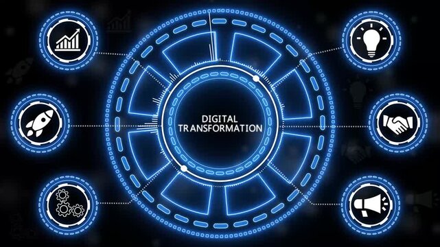 Animated concept visualization of digital transformation with relevant modern business icons.4k Animation.