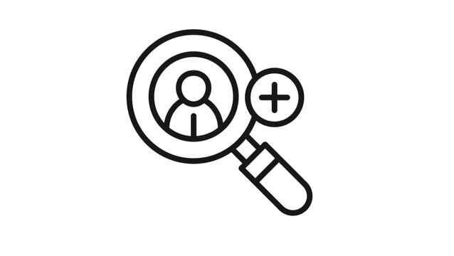 Black line vector icon of a magnifying glass focusing on a person silhouette with a plus sign, representing recruitment, hiring, adding a user, or talent search in a clean minimalist style.