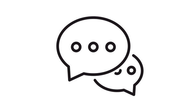 Minimalist black line vector icon of two overlapping speech bubbles, one featuring a typing indicator and the other a smiley face, perfect for communication, messaging, and customer support.