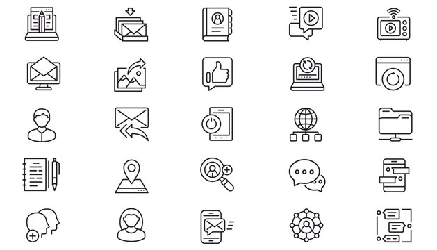25 Black Vector Icon Set Collection Bundle: Minimalist Symbols for Web Design, Social Media, Communication, Technology, Business, UI UX, Email, Laptop, Smartphone, User Avatars, Chat, and Network