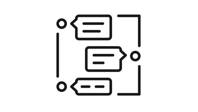 Messaging interface vector icon illustration featuring speech bubbles and user avatars in a conversation layout, minimalist black symbol for digital communication and social media chat.