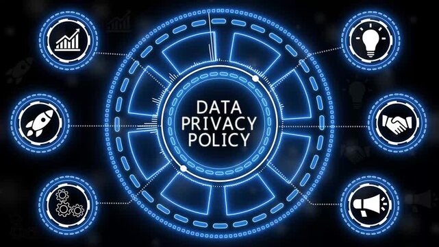 Data privacy policy concept with neon icons and centralized visual representation.4K Animation.