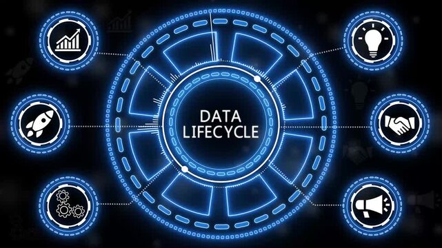 Animated data lifecycle diagram demonstrating processes and technological progression visualization.4k Video.