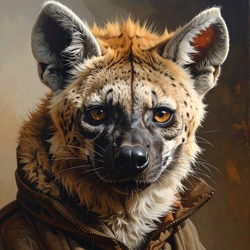 A spotted hyena wearing a jacket