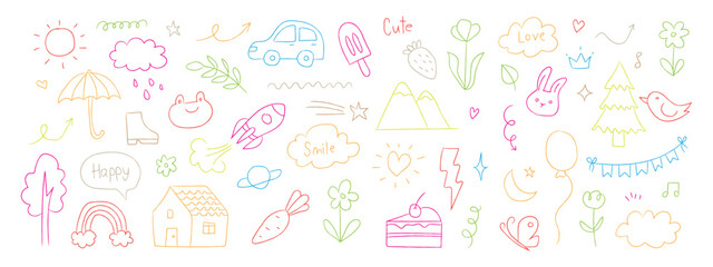 Obraz premium Colorful hand drawn kid doodles and cute symbols. Creative set of childish sketches featuring animals, nature, and weather for playful design. Vector Illustration.