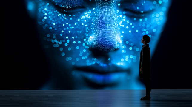 Human silhouette facing massive digital AI face projection symbolizing power, scale and intelligence of artificial intelligence.