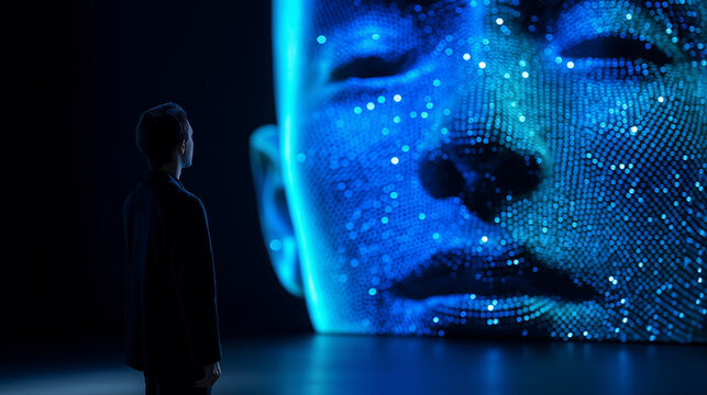 Human silhouette facing massive digital AI face projection symbolizing power, scale and intelligence of artificial intelligence.