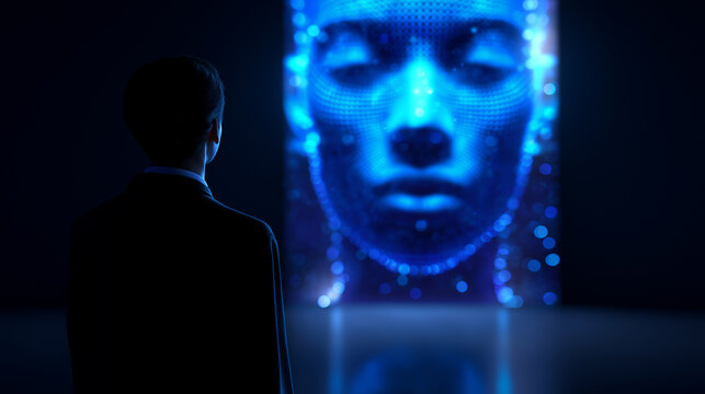 Human silhouette facing massive digital AI face projection symbolizing power, scale and intelligence of artificial intelligence.