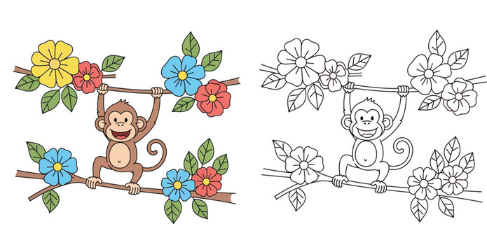 Cute Cartoon Monkey Hanging on Flowering Tree Branches Vector Illustration, Coloring Page and Colored Version Set for Kids Activity Book and Educational Material