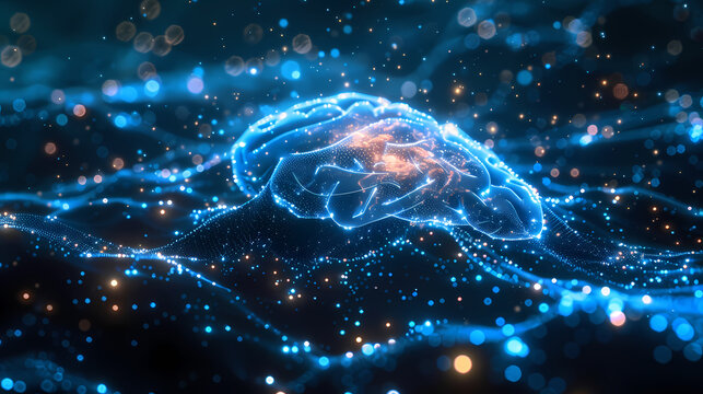 Vertical glowing digital human brain with neural network particles and bokeh light on blue background, concept for artificial intelligence, deep learning and cognitive technology.