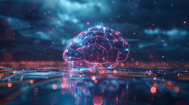 Vertical glowing digital human brain with neural network particles and bokeh light on blue background, concept for artificial intelligence, deep learning and cognitive technology.