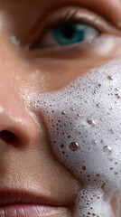 Naklejka premium Close-up of woman face with cleansing foam on skin representing skincare routine and facial treatment.
