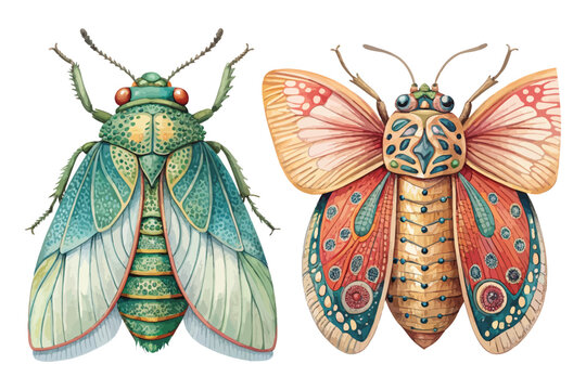 Watercolor Insect Clipart, Colorful Planthopper Illustration, Isolated on White Background