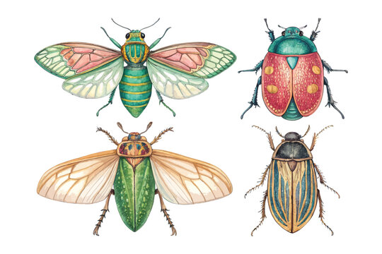 set of Watercolor Insect Clipart, Colorful Planthopper Illustration, Isolated on White Background