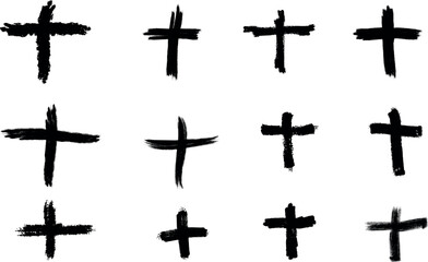 Fototapeta premium Grunge Brush Cross Set – Black Ink Hand Drawn Cross Symbols Collection